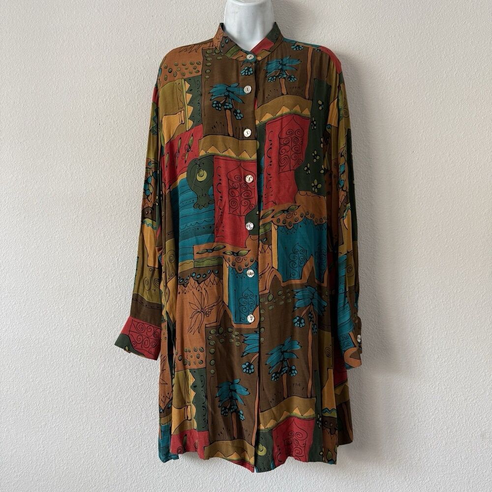 VTG Karen Kane Boho Crazy Tunic Shirt 10 Abstract Tribal Art Earthy Band Collar